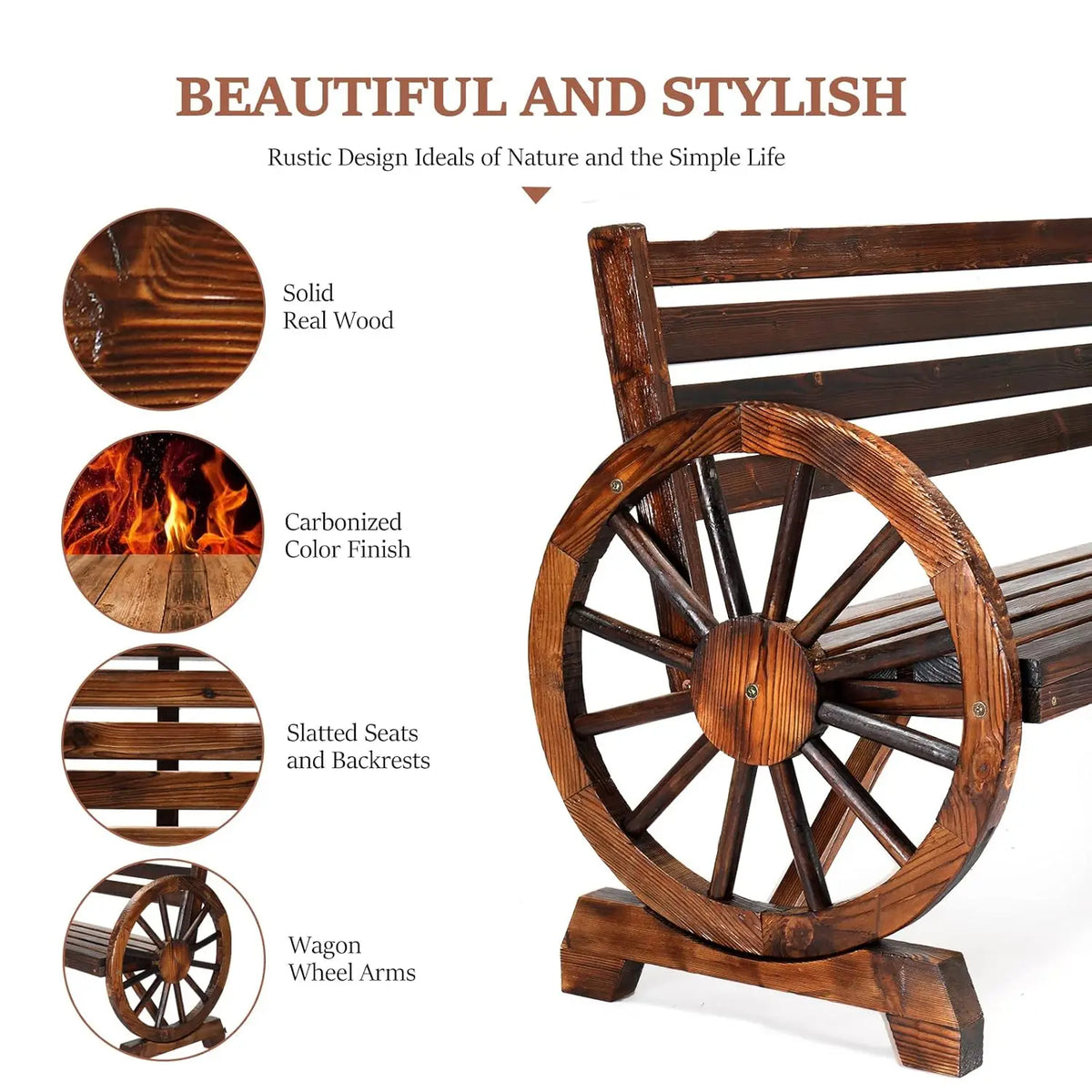 Outdoor Rustic Wooden Bench with Wagon Wheel Arms, 3 People Outdoor Bench Garden Bench Front Porch Furniture Patio, Customized