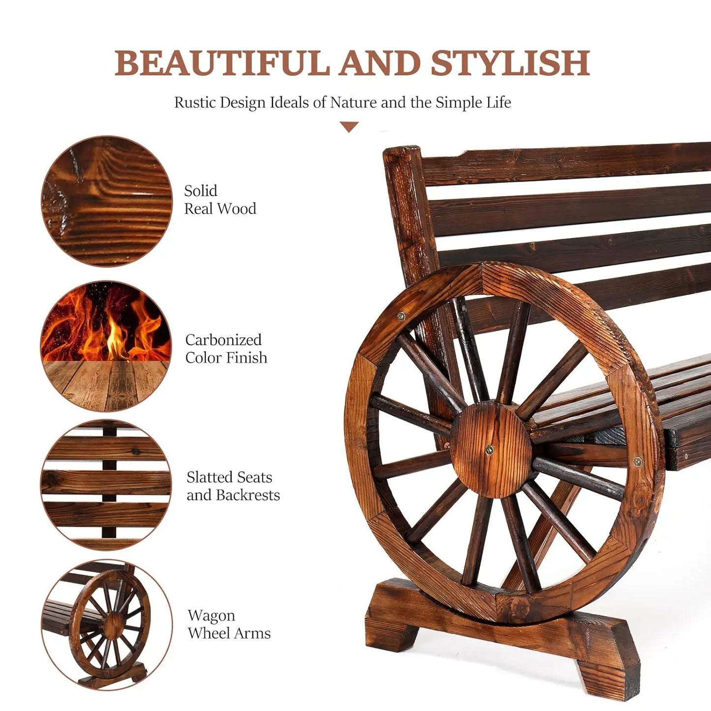Outdoor Rustic Wooden Bench with Wagon Wheel Arms, 3 People Outdoor Bench Garden Bench Front Porch Furniture Patio, Customized
