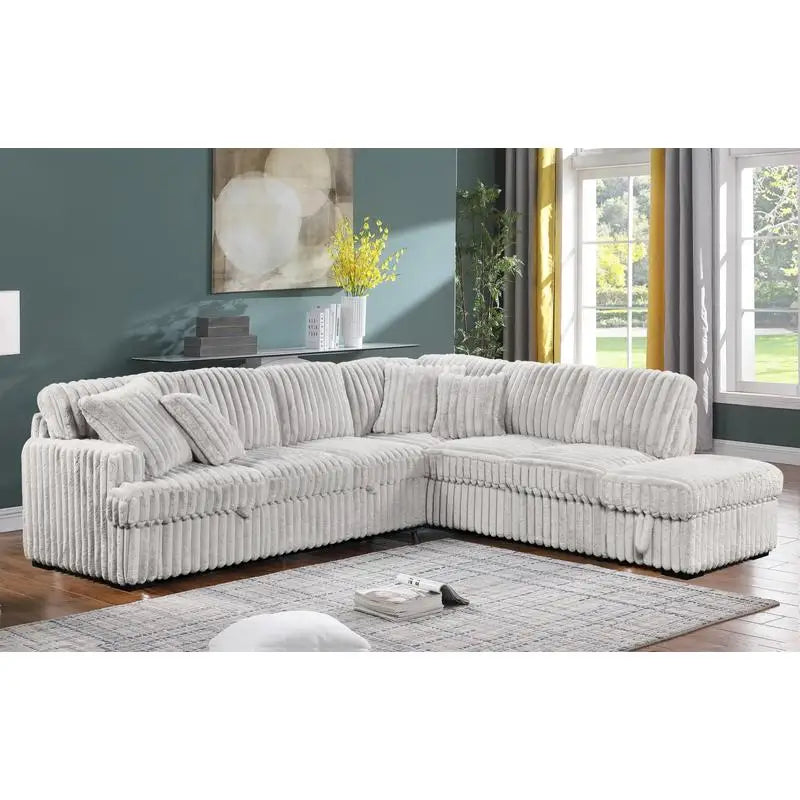 Gray Corduroy L-Shaped Sleeper Sofa Bed with Storage Ottoman Sectional Couch for Living Room, Fold-Out Bed and Seating Solution