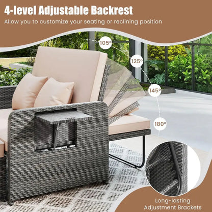 Moccha Outdoor Daybed, Wicker Loveseat Sofa Set with 4Postion Adjustable Backrest, Storage Ottoman, Cushions, Rattan Double Bed