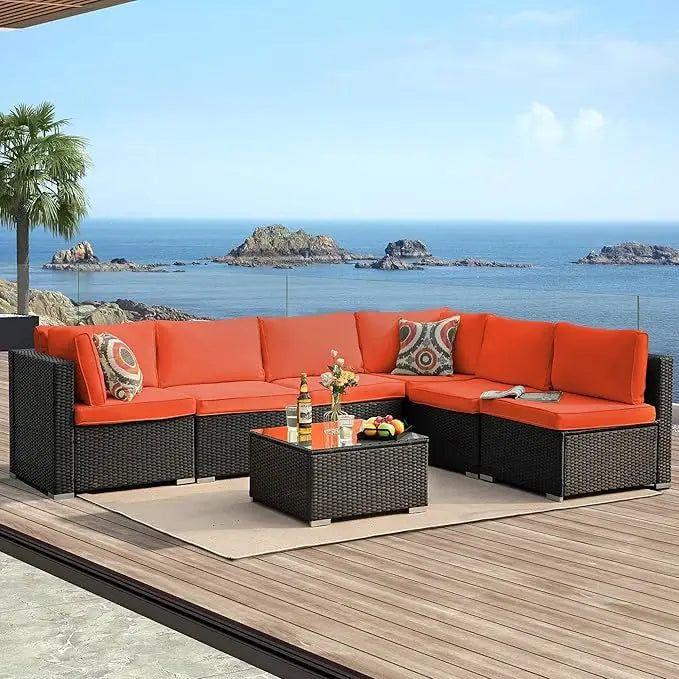 7Pieces Patio Furniture Set - All-Weather Outdoor Wicker Sectional Conversation Sofa, Rattan Patio Seating Sofa Set with Cushion