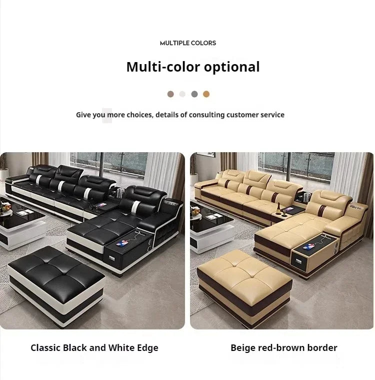 Luxury Italian Genuine Leather Sectional Sofa Set With Bluetooth Speaker And USB Ports Cow Leather Divano Living Room Furniture