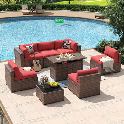 8 Piece Patio Furniture Set with 44” Fire Pit Table Rattan Outdoor Sectional Sofa Set with Coffee Table and Thickened Cushions