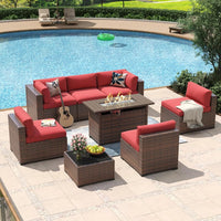 8 Piece Patio Furniture Set with 44” Fire Pit Table Rattan Outdoor Sectional Sofa Set with Coffee Table and Thickened Cushions
