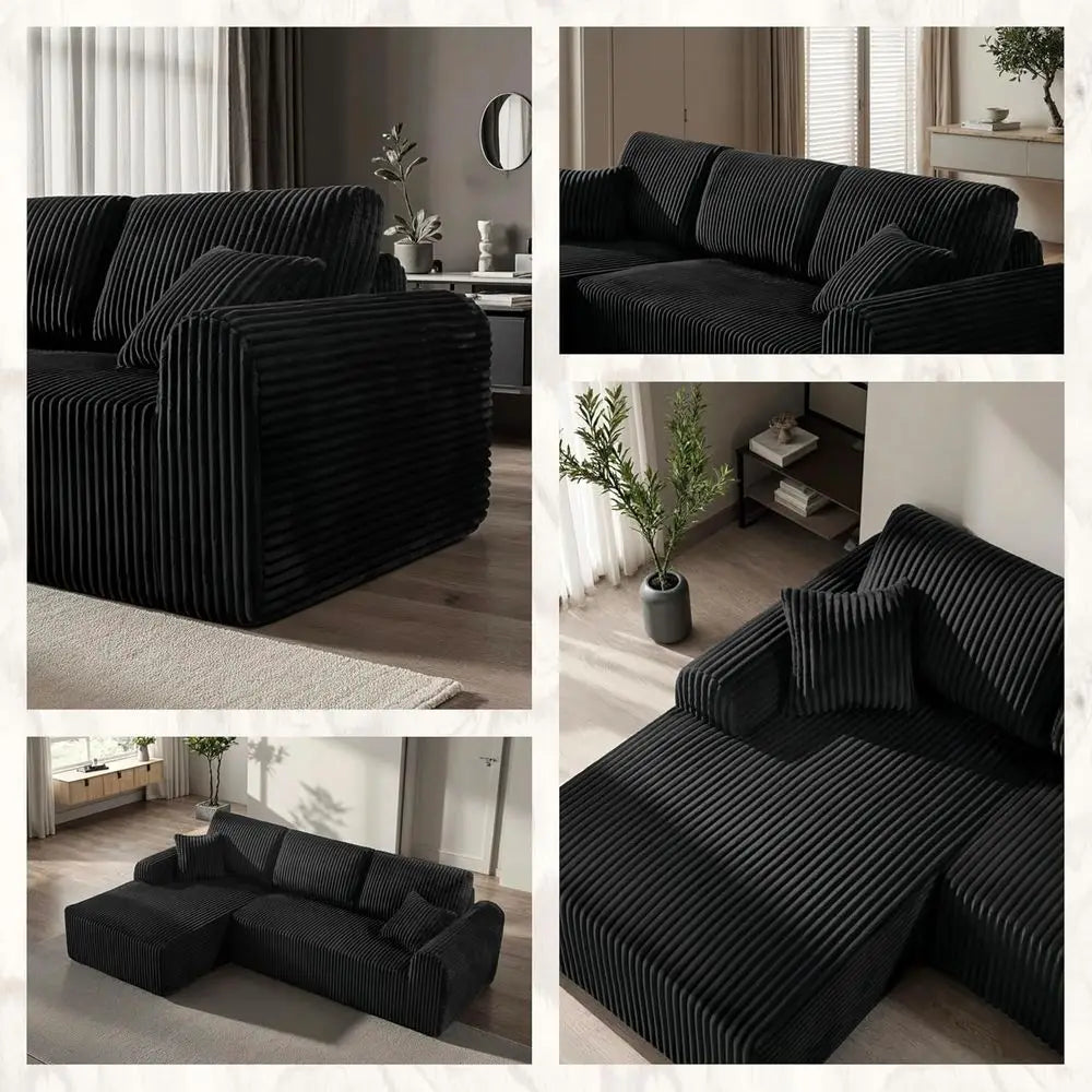 Black Corduroy L-Shaped Sofa with Chaise, Deep Seating, No Assembly Needed for Living Room or Bedroom