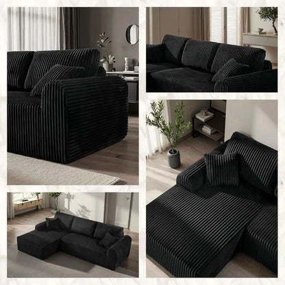 Black Corduroy L-Shaped Sofa with Chaise, Deep Seating, No Assembly Needed for Living Room or Bedroom