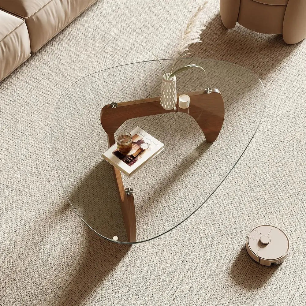 Table basse, plateau en verre trempé 42,5 x 28,5 x 16,1, couleur bois naturel