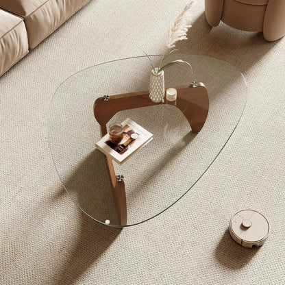 Table basse, plateau en verre trempé 42,5 x 28,5 x 16,1, couleur bois naturel