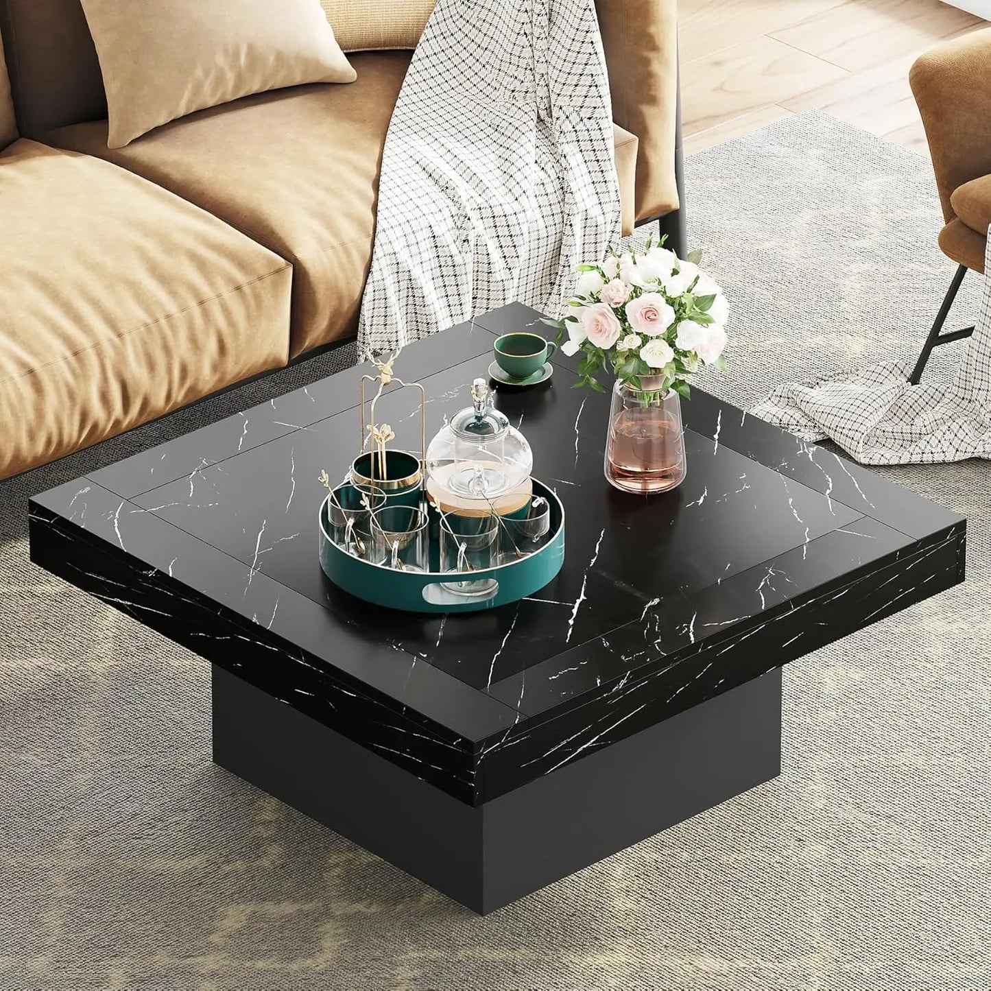 Tribesigns Coffee Table Square LED Coffee Table Engineered Wood Low Coffee Table for Living Room Rustic Brown & Black