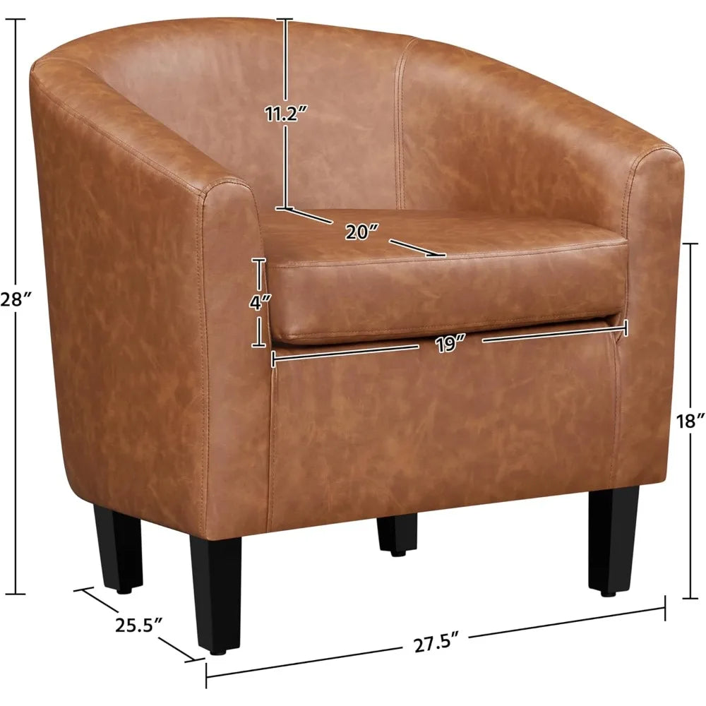 Brown Accent Chairs Set Of 2 Faux Leather Barrel Chairs Comfy Modern Leather Club Armchairs With Soft Seat For Living Room