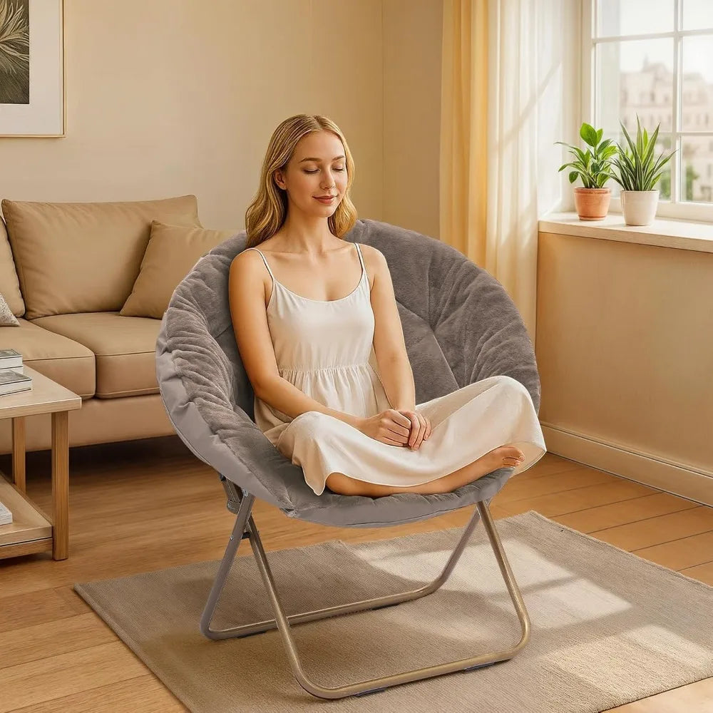 Comfy Saucer Chair Folding Faux Fur Accent Chair Metal Frame Bedroom Living Room Reading Moon Chair, Custom