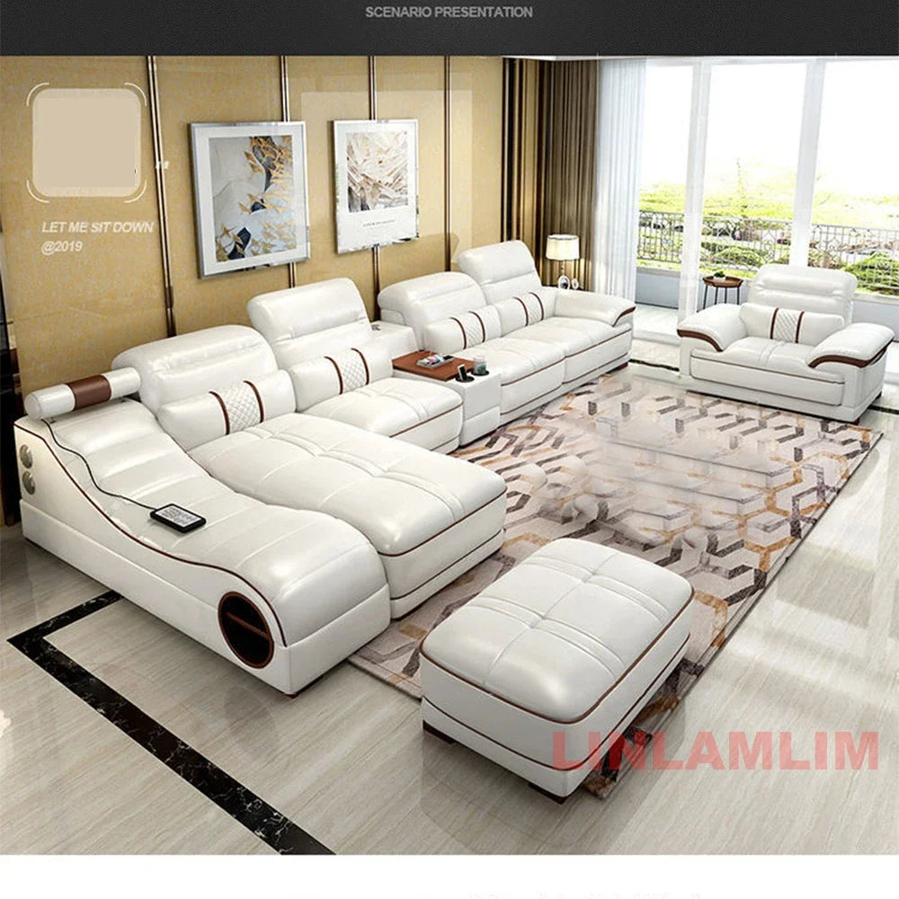 MINGDIBAO Modern Luxury Sectional Sofa Set with Chaise Lounge – Italian Genuine Leather Couch with Speakers, USB Port & Storage