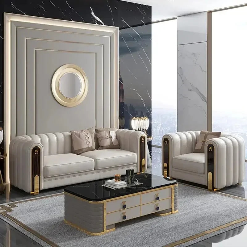 Luxury classic leather sofa set for living room and bedroom, perfect for reception and relaxation in Nordic style