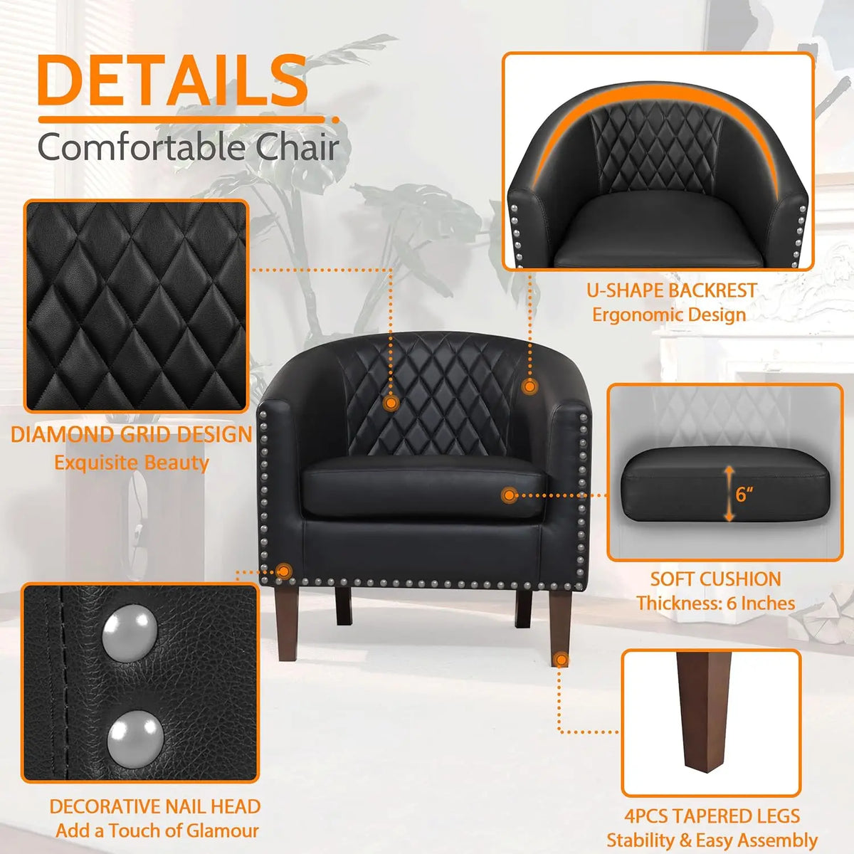 Barrel Chair Set Of 2, Comfy Accent Chair, Faux Leather Living Room Chairs Club Chair With Cushion, Nailhead Trim And Diamond