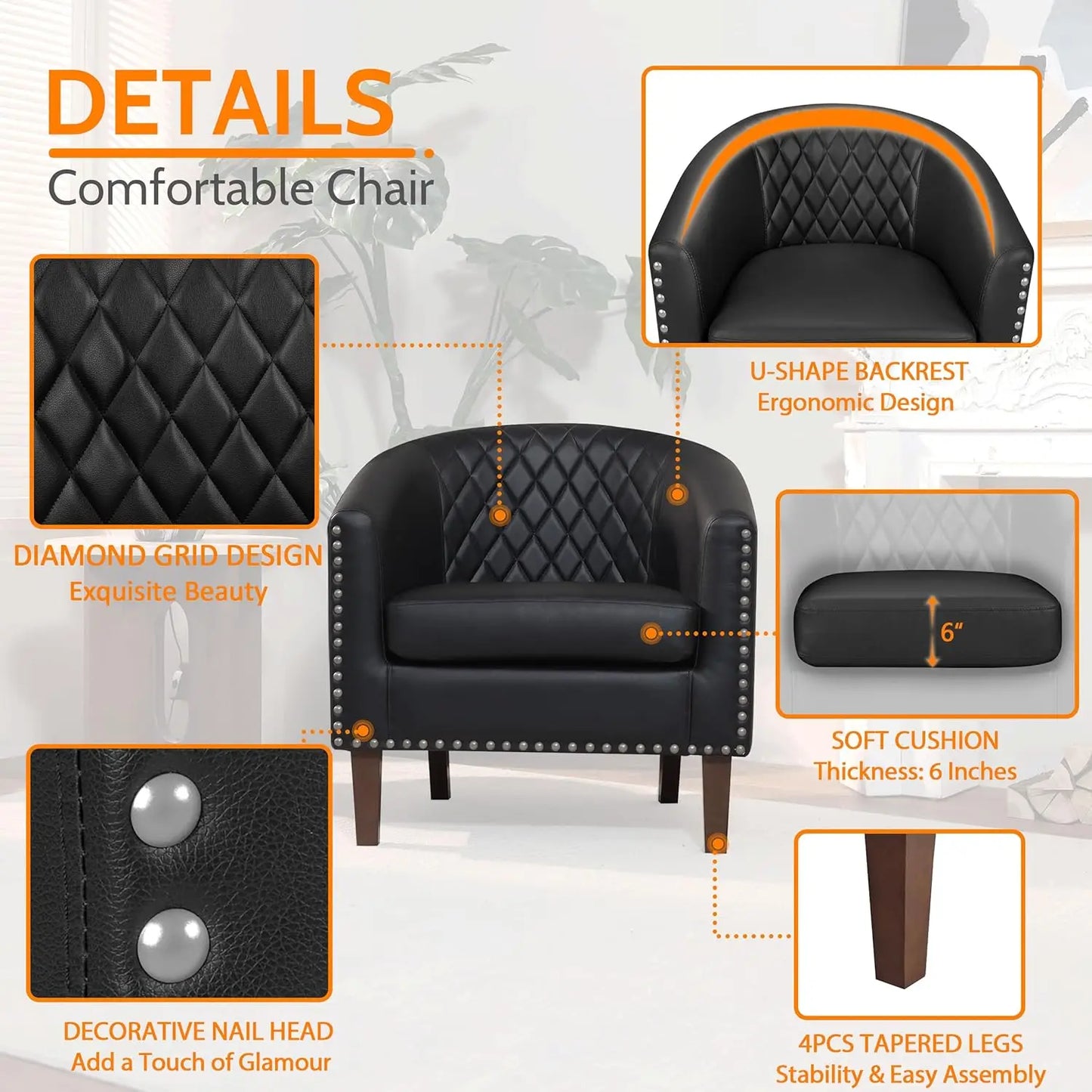 Barrel Chair Set Of 2, Comfy Accent Chair, Faux Leather Living Room Chairs Club Chair With Cushion, Nailhead Trim And Diamond