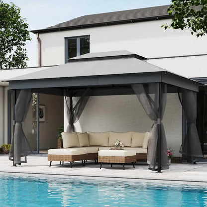 10x13ft Waterproof Patio Gazebo with Mosquito Netting, Double Roof Outdoor Pavilion for Backyard, Garden, Lawn, Wedding (Grey)