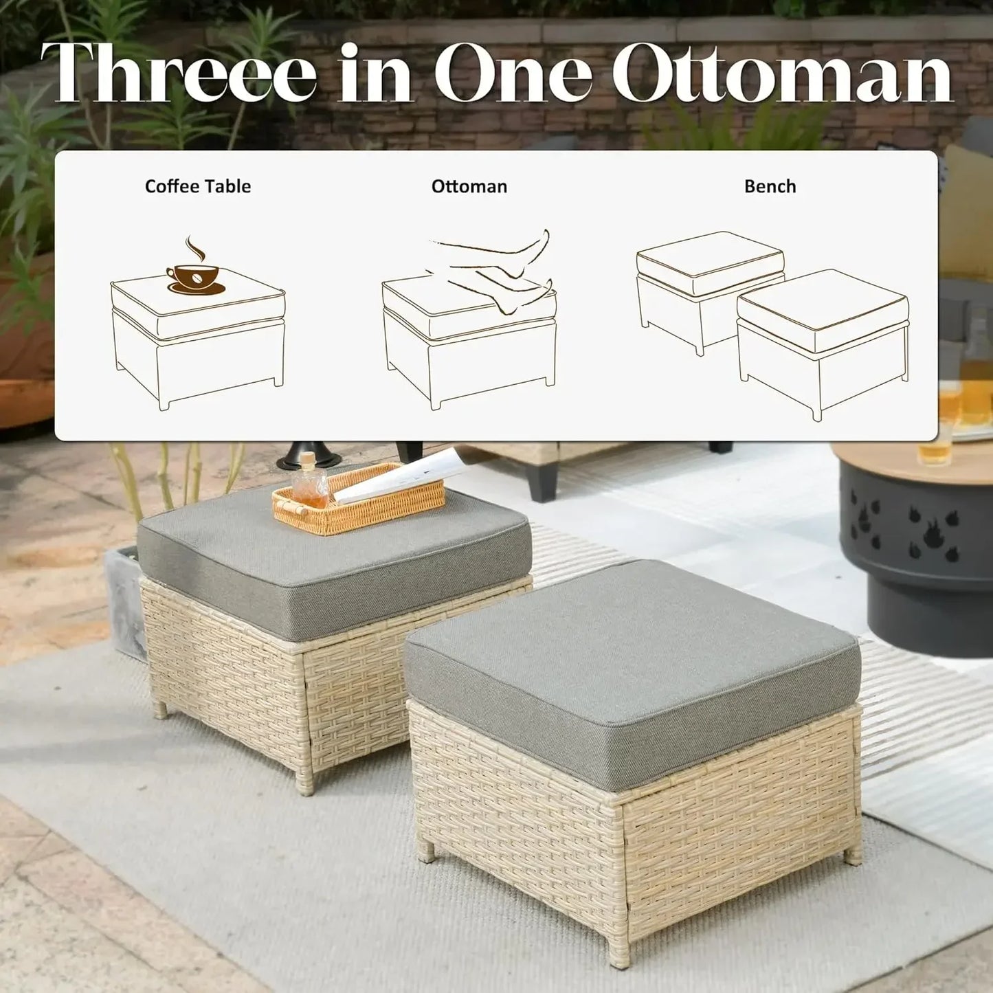 Wicker Patio Furniture Set Modern Outdoor Conversation  Sofa with Cushion and Ottomans for Garden, Poolside, Backyard