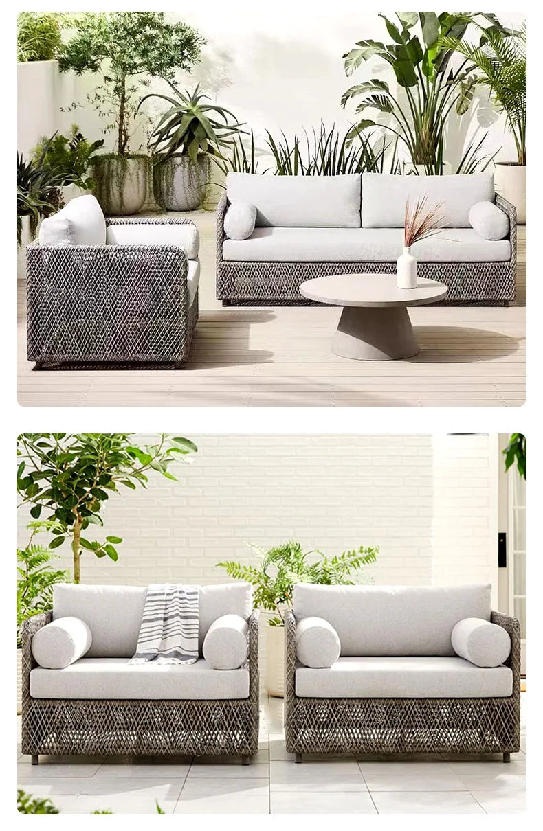 Outdoor sofa teak PE rattan sofa outdoor garden sun protection leisure courtyard rattan chair sofa