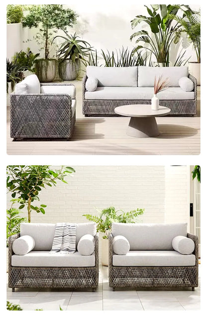 Outdoor sofa teak PE rattan sofa outdoor garden sun protection leisure courtyard rattan chair sofa