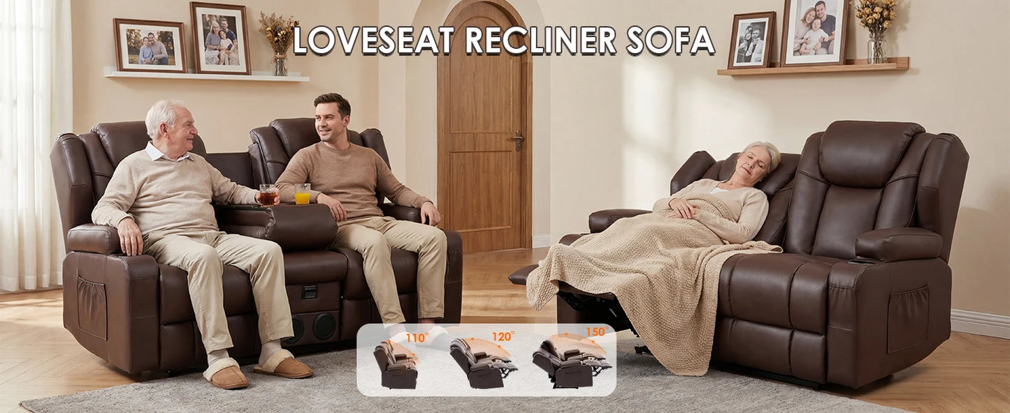 Redlife Loveseat Recliner Sofa with Console,Manual Pull Reclining Couch,Heating & Massage,USB & Power Outlet,Home Theater&RV