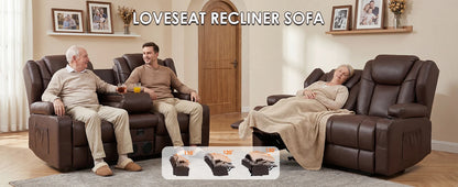 Redlife Loveseat Recliner Sofa with Console,Manual Pull Reclining Couch,Heating & Massage,USB & Power Outlet,Home Theater&RV
