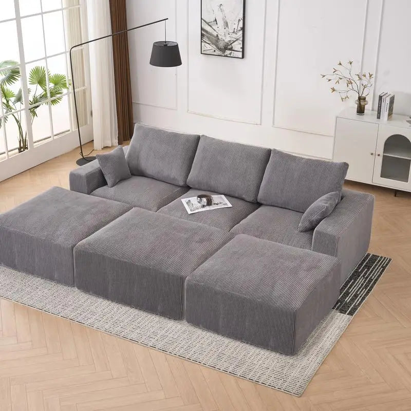 Modular U-Shaped Couch Sofa for Living Room, 113" Grey Sleeper Sofa with Chaise, No Assembly Required, Corduroy Upholstered