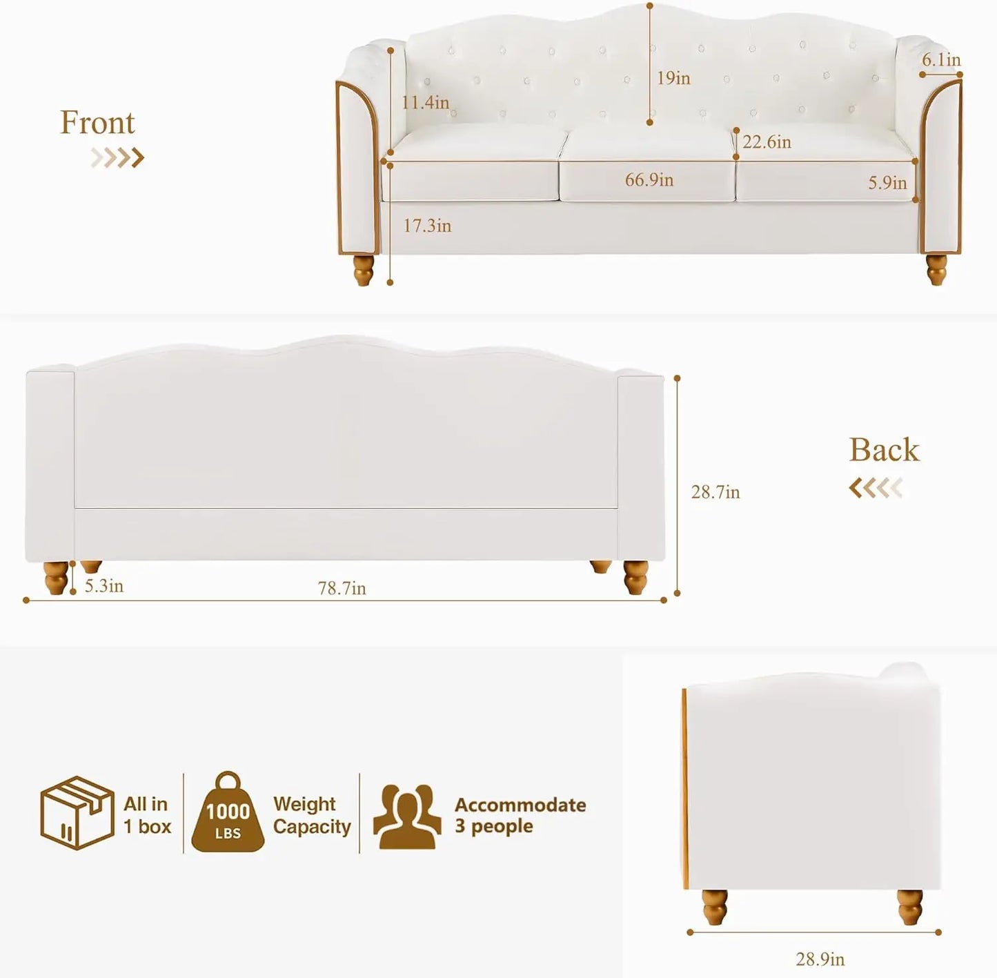 78" Leather Sofa Couch, Soft 3 Seater Sofa Couches for Living Room, Button Tufted Comfy Couch Modern Sofa with Upholstered