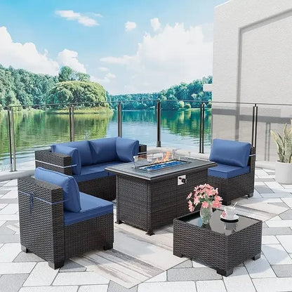 Outdoor Patio Furniture Se,  6 Pieces Outdoor Furniture Patio Sectional Sofa s w/43 Propane Gas Firepit   Coffee