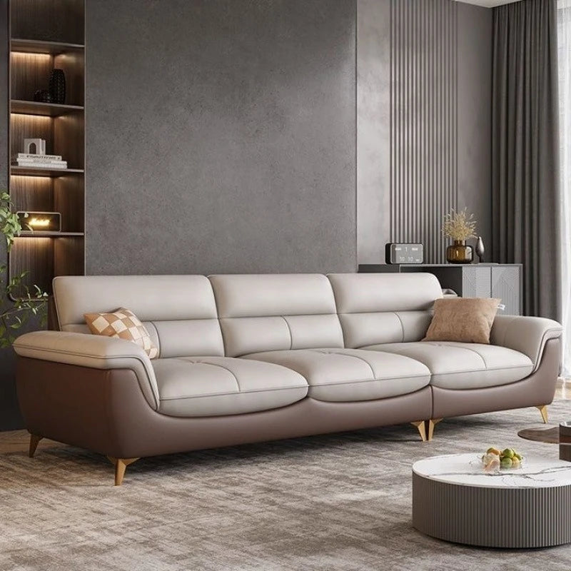 Italian  cowhide leather sofa living room small apartment light luxury modern two-color three-person straight row combination