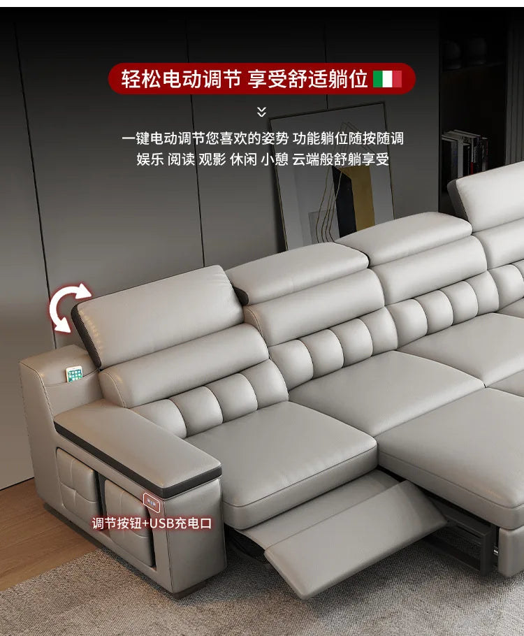 Electric function, leather sofa bed, first layer cowhide, small apartment, living room, modern, simple