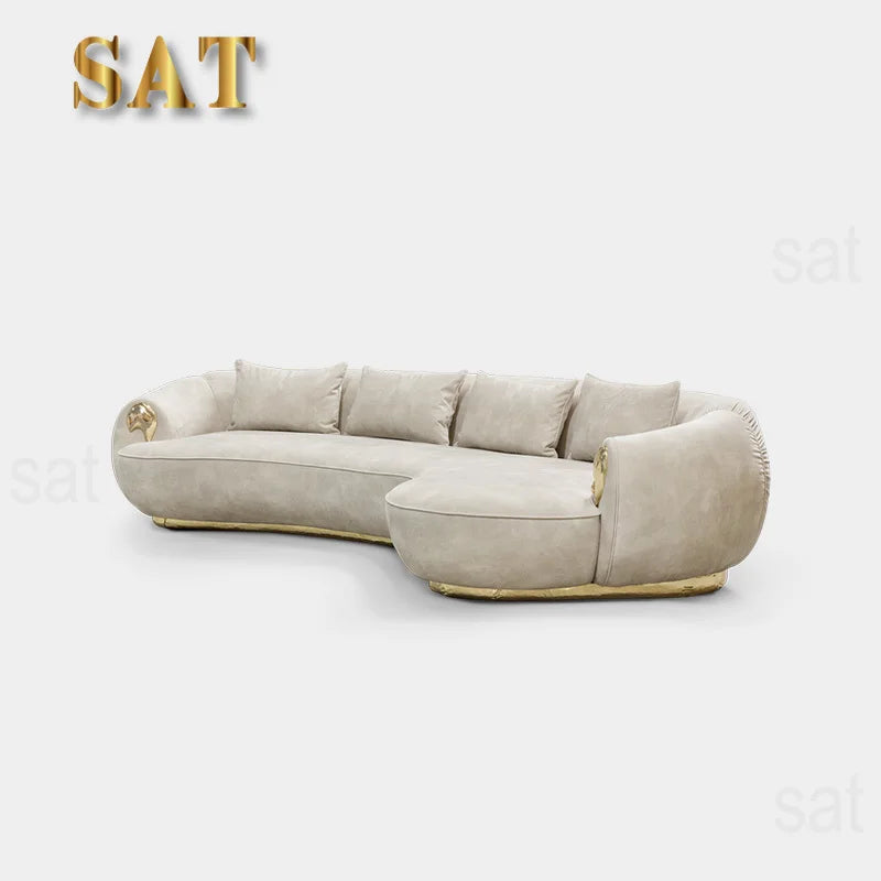 db-Modern Style Frosted Genuine Leather Curved Multi-Seater Sofa Light Luxury High-End for Large Villas Living Rooms Sponge@