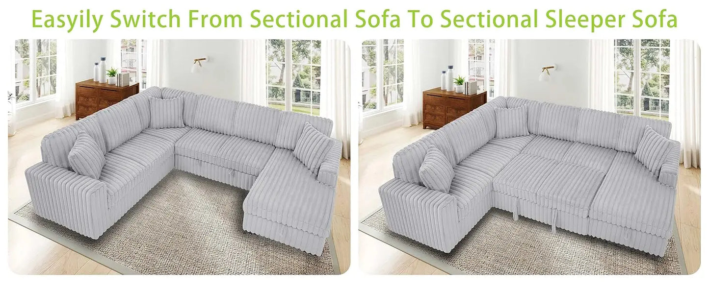 TODRANI 122'' Sectionl Sleeper Sofa, U Shape Sectional Sofa with Pull Out Couch and Storage Chaise&USB Ports