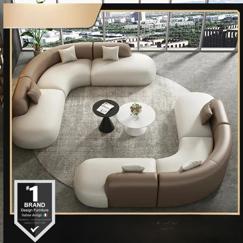 Curved Leather Corner Sofa Set with Solid Wood Frame, Modern Sectional Couches for Living Room, Comfortable Leather Couch Sets