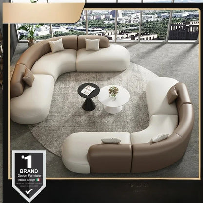 Curved Leather Corner Sofa Set with Solid Wood Frame, Modern Sectional Couches for Living Room, Comfortable Leather Couch Sets