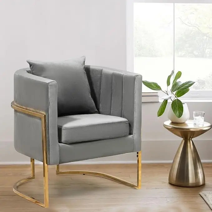Mid-Century Velvet Accent Chair with Barrel Arms, Upholstered for Comfort, Gold Legs, White for Living/Bedroom，Customized
