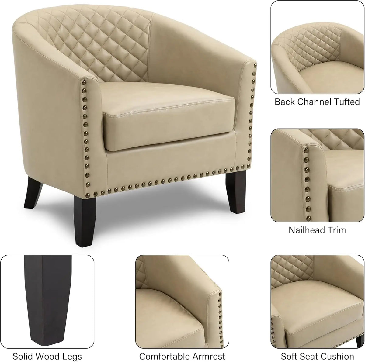 Faux Leather Barrel Accent Chairs Set of 4, Modern Club Arm Chair Comfy Upholstered Single Sofa Chair, Beige