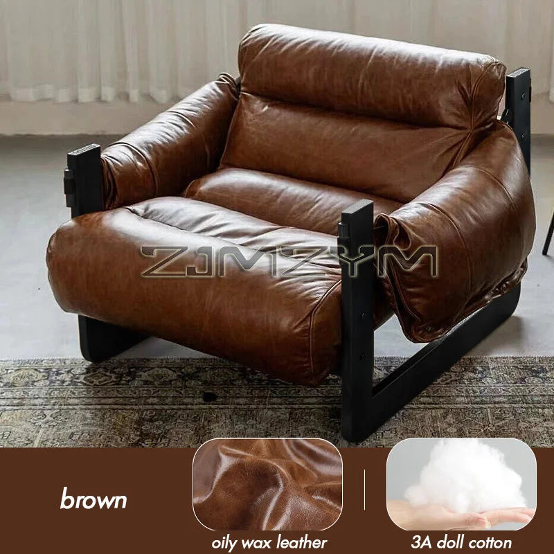 Oil Wax Leather Single Chair Casual Home Sofa Lounge Chairs, Retro Removable Washable Sofa All Solid Metal Base