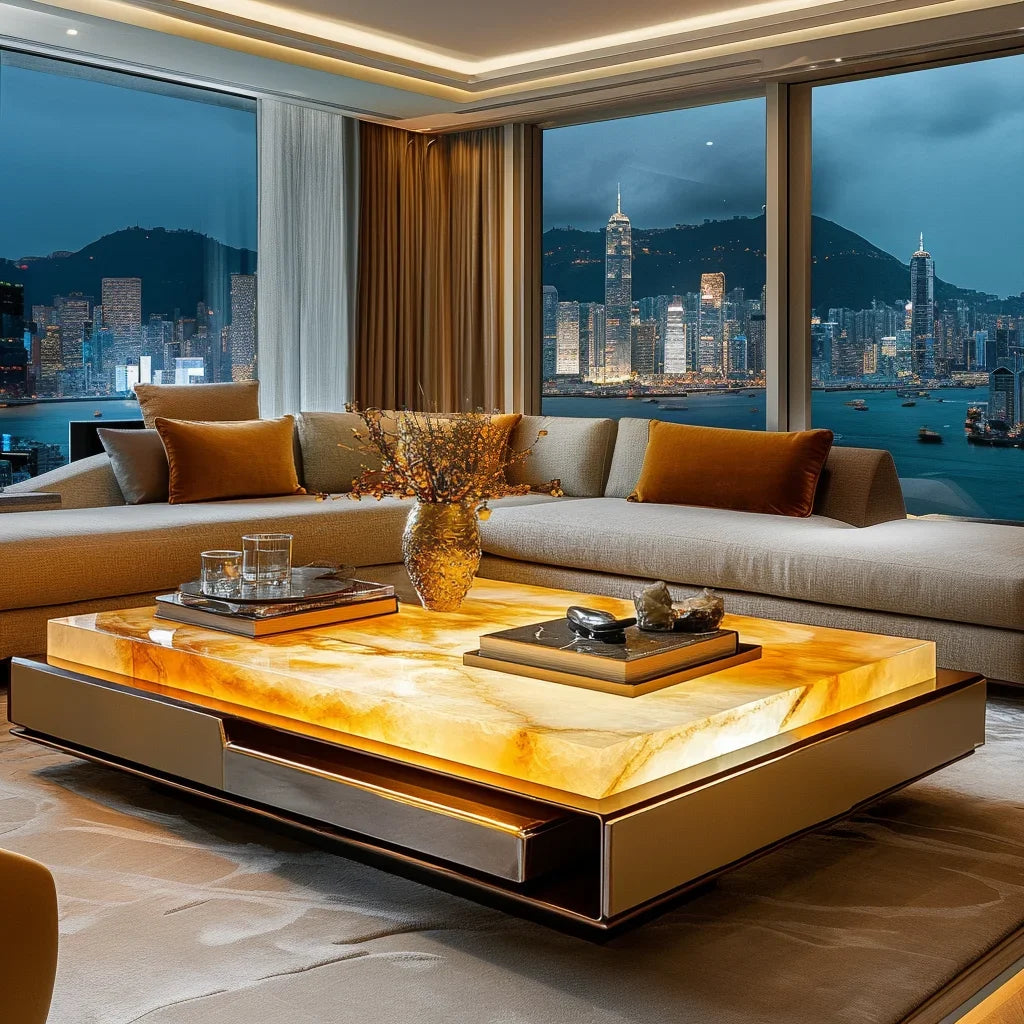 Square luminous jade luxury stone coffee table living room custom square modern luxury stone light luxury villa