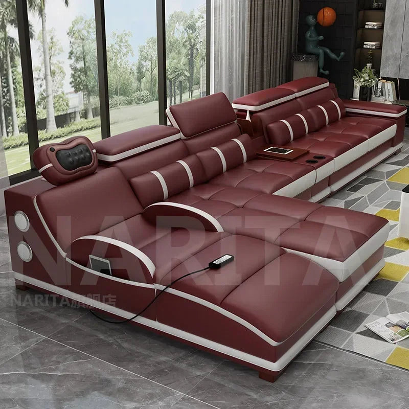 Genuine leather sofa massage seat, cowhide multifunctional living room furniture, leather art storage, sofa combination