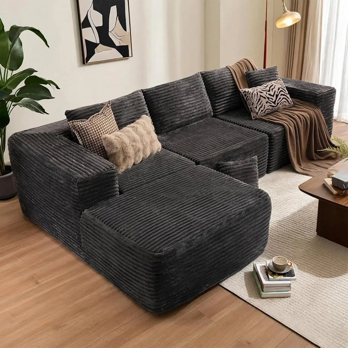 109.5 Modular Sectional Sofa, Modern L-Shape Cloud Sectional Couch with Deep Seat, Comfy Corduroy Fluffy Couch for Living Room B