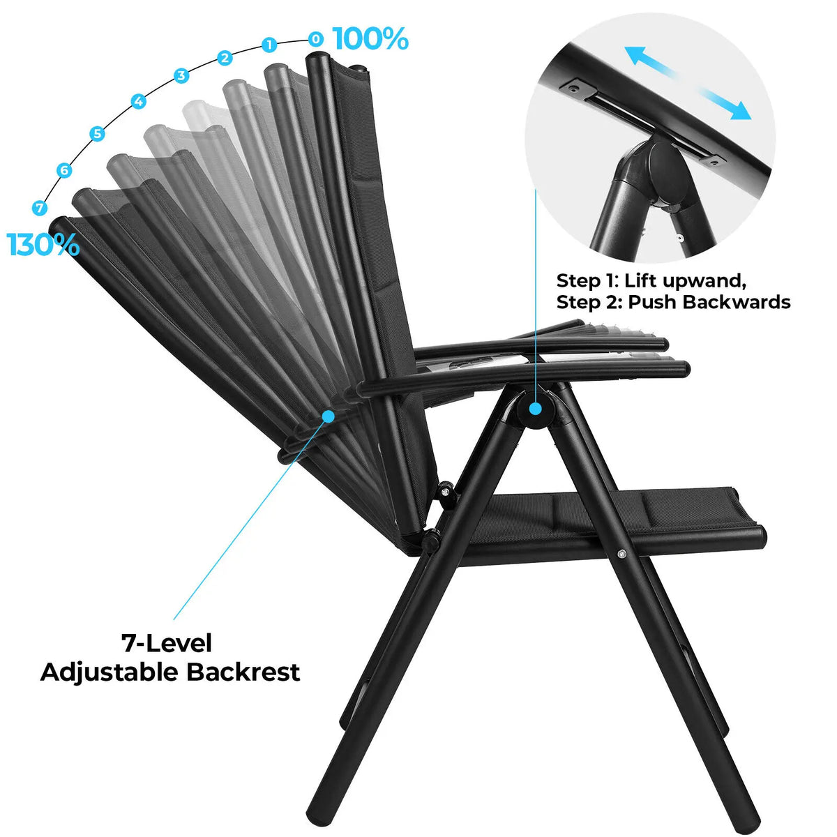 Aluminum Foldable Garden Chair, Lounge Backrest 7 Adjustable Settings, with Armrests, Weatherproof Outdoor Chairs Black,Gray