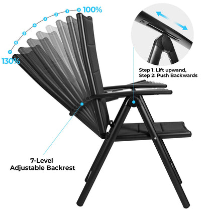 Aluminum Foldable Garden Chair, Lounge Backrest 7 Adjustable Settings, with Armrests, Weatherproof Outdoor Chairs Black,Gray