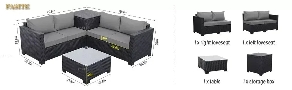Outdoor PE Wicker Furniture Set 4 Piece Black Rattan Loveseat Couch Set With Storage Box Glass Top Table And Non-Slip Cushion