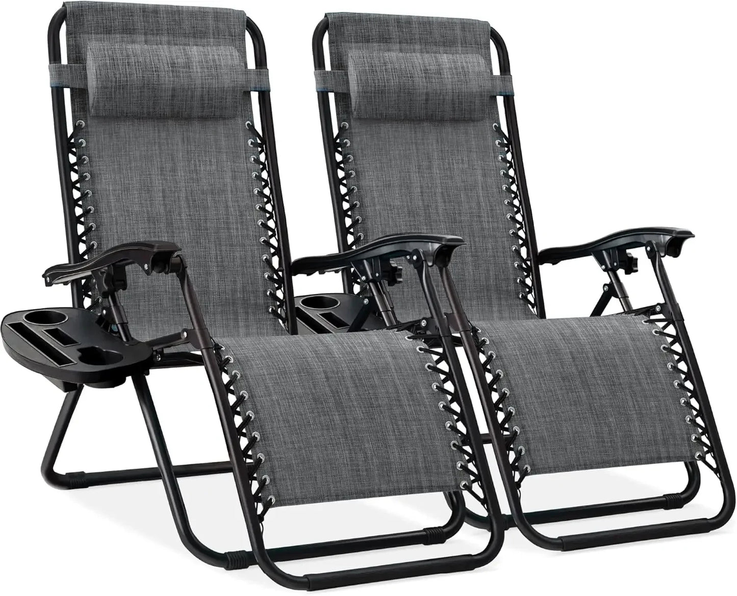 Two-Piece Adjustable Steel Mesh Zero Gravity Lounge Chair Recliner, with Pillow and Cup Holder Tray, Black