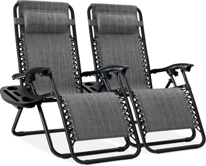 Two-Piece Adjustable Steel Mesh Zero Gravity Lounge Chair Recliner, with Pillow and Cup Holder Tray, Black