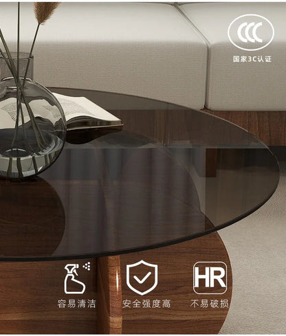 Table basse en verre de luxe légère, moderne, simple, petit appartement, salon, ronde, bois massif, maison, design créatif, table d'appoint de canapé