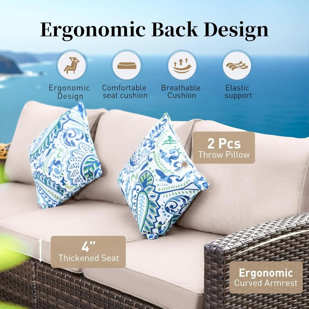 Patio Furniture Set Outdoor Furniture Brown Wicker Rattan Patio Conversation Sets with Cushion Outside Sofa Set,7 Pieces 9 Seats