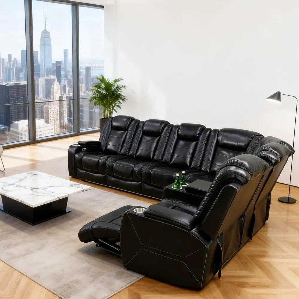 Power Reclining Sectional Soa or Living Room,ern L-Shaped Black Air Leather Sectional Couch Set,Recliner Soa Set,with LED Lights