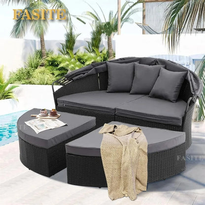 Nordic luxury Leisure Round Daybed with Retractable Canopy,Outdoor Furniture with Washable Cushions, Clamshell Sectional Seating