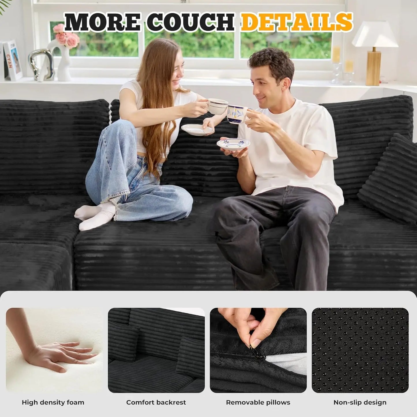 113" Modular Sectional Sofa, Convertible L-Shaped Cloud Couches For Living Room With Ottoman, 4 Seater Corduroy Boneless Couch S